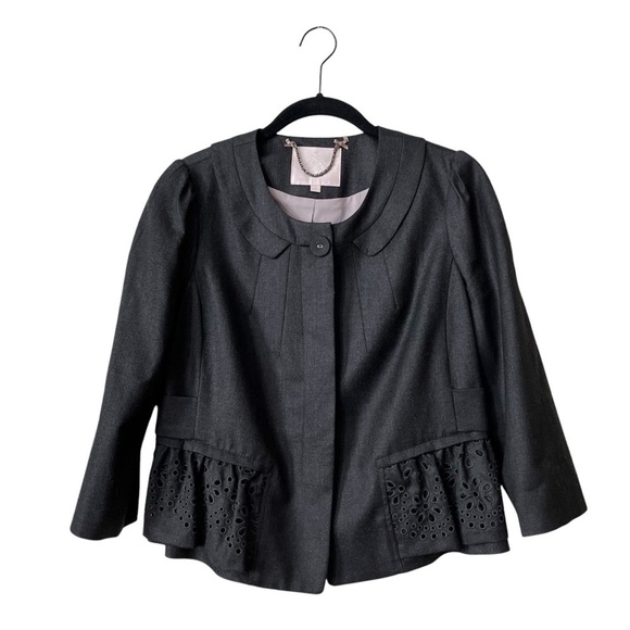 Rebecca Taylor Blazer Womens Size 8 Gray Wool Cropped Peplum Eyelet Stretch Work - Picture 1 of 6